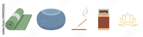 Yoga mat, incense, and lotus flower symbol represent a comprehensive collection of wellness and relaxation items for mindful living.