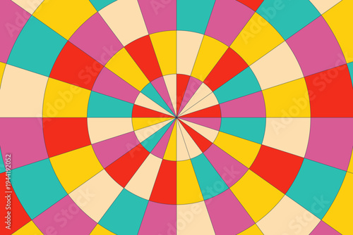Retro 70s groovy background with colorful geometric radial circles