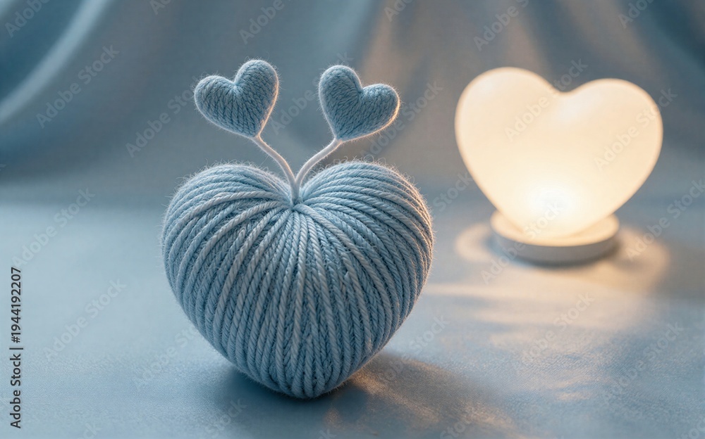 Fototapeta premium Blue yarn hearts soft glow tender craftsmanship serene emotional