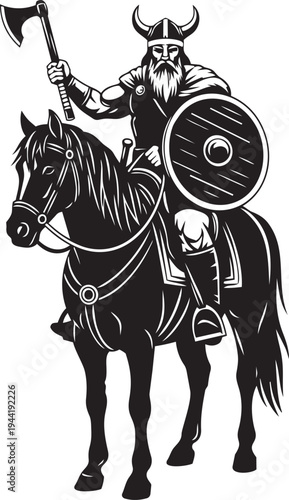 Mighty Norse Viking Warrior on Horseback with Axe and Shield, Embodying Ancient Legend and Undaunted Strength in Battle