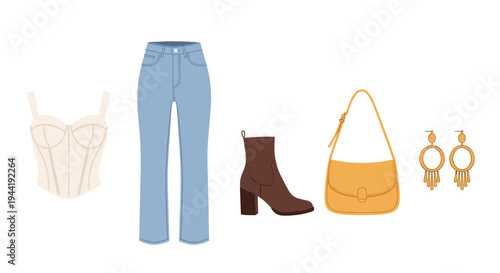 Women's fashion outfit collection featuring a stylish corset top, light blue jeans, brown ankle boots, a yellow shoulder bag, and gold dangle earrings.