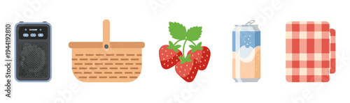 Picnic essentials collection featuring a portable speaker, woven basket, fresh strawberries, soda can, and a classic checkered blanket, ready for outdoor fun.