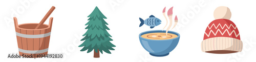 Collection of various traditional Nordic winter and nature illustrations featuring a wooden bucket, a fir tree, fish soup, and a warm knitted hat, evoking a sense of comfort and seasonal charm.