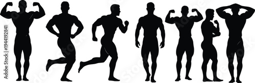 Silhouetted muscular male figures in bodybuilding and athletic poses, fitness illustration concept for strength, exercise, anatomy, physique training, and human musculature studies