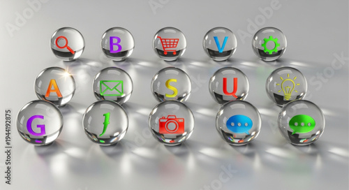 Transparent Glass Spheres with Colorful Icons and Letters.