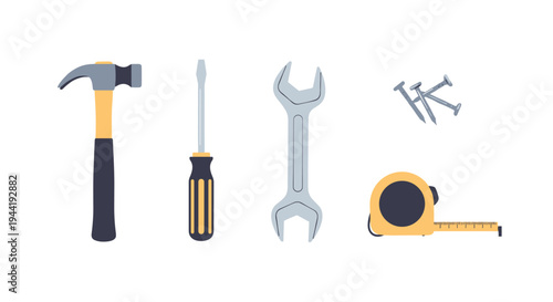 Various hand tools and construction equipment are essential for home improvement, repair projects, and professional building tasks, depicted in a clean, illustrative style.