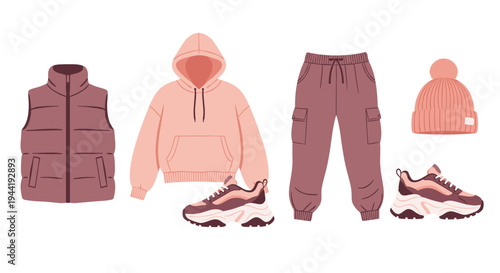 Casual winter clothing collection featuring a puffer vest, cozy hoodie, cargo pants, a knitted beanie, and chunky sneakers, perfect for a comfortable and trendy look.
