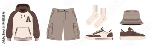 Casual clothing items and accessories including a hoodie, cargo shorts, socks, sneakers, and a bucket hat are neatly arranged in a flat vector illustration.