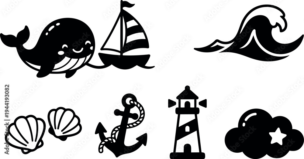 Fototapeta premium Cute smiling whale holding a sailboat with shells anchor lighthouse wave and star cloud vector icons set in black and white