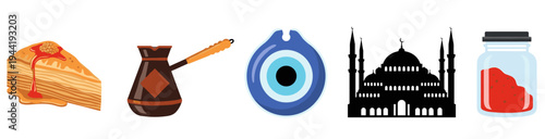 Turkish cultural symbols and traditional items are beautifully illustrated together, showcasing the rich heritage and iconic elements of Turkey.