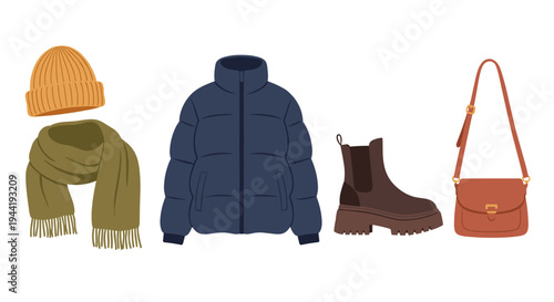 Winter clothing accessories collection featuring a warm beanie, cozy scarf, stylish puffer jacket, sturdy boots, and a fashionable shoulder bag for cold weather.