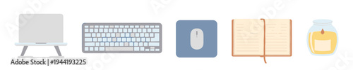 Modern flat design illustration of various office items, including a laptop, keyboard, mouse, notebook, and candle, representing productivity and creativity.