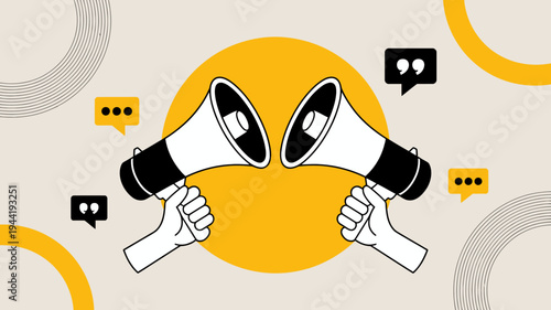An illustration depicts two hands holding vintage megaphones facing each other set against a vibrant yellow circular backdrop with speech bubbles high quality professional detailed modern