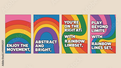 A vibrant collection of four square posters features rainbow arcs bold text and playful messages promoting positivity and self expression high quality professional detailed modern elegant