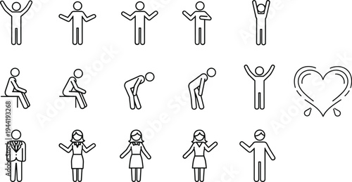 Human body posture and gesture line icons set people standing sitting bending celebrating emotions and communication outline vector illustration collection