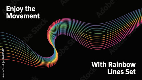 A vibrant colorful design features flowing rainbow lines against a stark black background complemented by text promoting movement and rainbow aesthetics high quality professional detailed modern