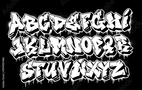 Graffiti Alphabet Font - White Street Art Letters with Dripping Paint Effect on Black Background
