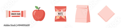 Healthy lunch and snack items for school or work, including a snack bar, apple, nuts, paper bag, and napkin, presented in a flat vector illustration.