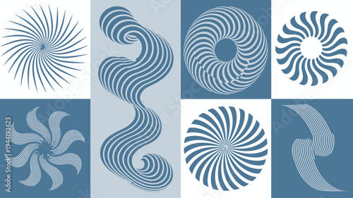 This image displays an abstract arrangement of swirling radial and curved lines in varying shades of blue and white high quality professional detailed modern elegant stylish