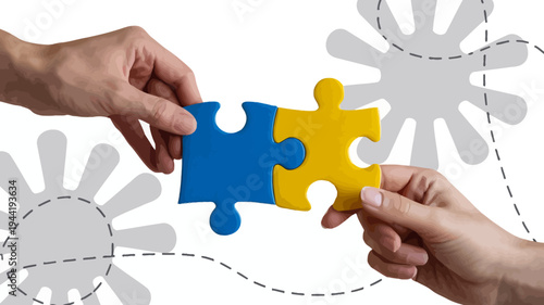 Two hands are shown connecting a blue and yellow jigsaw puzzle piece symbolizing collaboration unity and problem solving against a blurred background high quality professional detailed