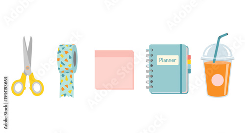 Various colorful office supplies and daily essentials are neatly arranged in a flat lay style, perfect for productivity and creative projects.