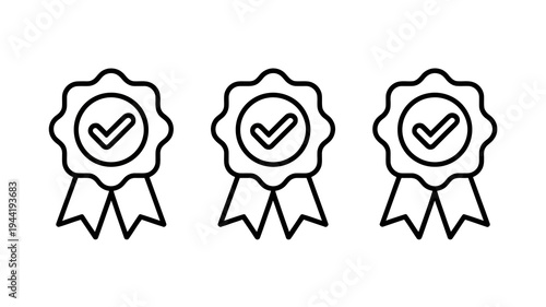 Three black and white linear icons depicting quality or award seals with a checkmark inside each representing approval or certification high quality professional detailed modern elegant