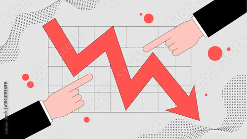 Two hands point towards a sharply declining red line graph set against a gray grid background symbolizing market instability high quality professional detailed modern elegant stylish