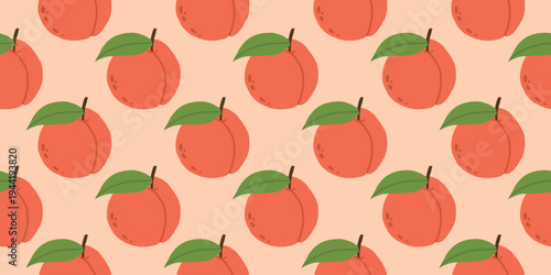 Seamless pattern with peaches on soft beige background. Cute fruit repeat illustration for textile, wrapping paper, packaging and summer food themed designs
