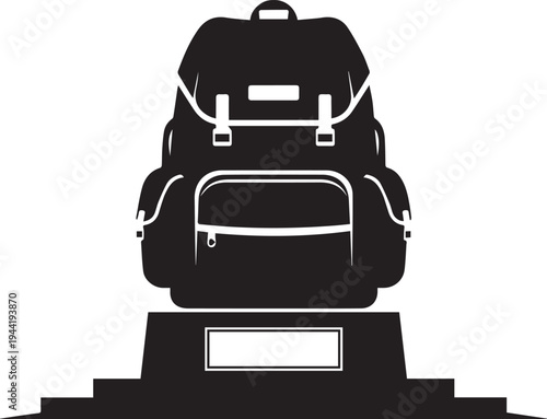 Military backpack vector silhouette on a memorial pedestal, powerful line art illustration for tribute