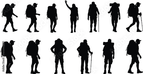 Silhouetted hikers with backpacks and walking sticks in dynamic poses, outdoor trekking lifestyle illustration concept for adventure, exploration, fitness, travel, and nature activities