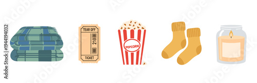 Cozy night in essentials including a soft plaid blanket, movie ticket, delicious popcorn, warm socks, and a lit candle for relaxation.