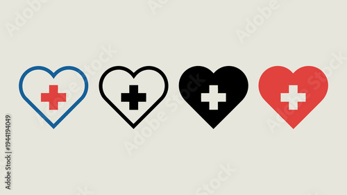 Four heart symbols are displayed each with a different color and a centered plus sign representing healthcare or love high quality professional detailed modern elegant stylish