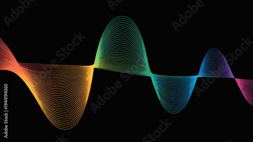 A vibrant colorful wave form composed of numerous parallel lines sweeps across a stark black background displaying a spectrum of hues high quality professional detailed modern