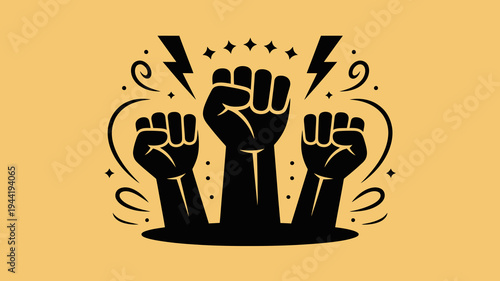 A powerful image depicts three clenched fists rising from the ground surrounded by dynamic lines and starbursts symbolizing strength and resistance high quality professional detailed modern