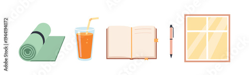 Daily routine objects for wellness and learning activities are neatly arranged, representing a balanced lifestyle with self-care and personal growth.