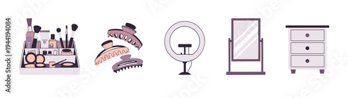 Beauty and personal care items for daily routine, including makeup, hair accessories, and vanity essentials, presented as a charming flat vector illustration.