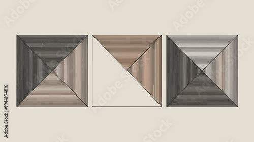 A triptych displays three square panels each bisected diagonally featuring densely packed parallel lines in varying shades high quality professional detailed modern elegant stylish clean crisp