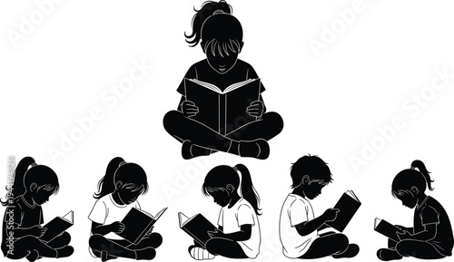 Children reading books silhouettes set, kids sitting and studying with open books, education learning vector illustration isolated on white