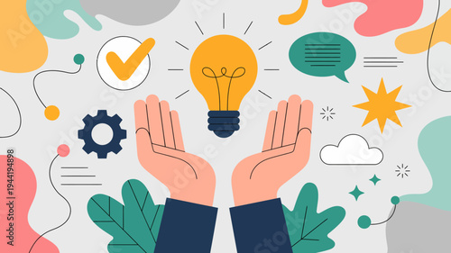 An illustration depicts open hands presenting a glowing lightbulb symbolizing innovation and ideas surrounded by creative elements high quality professional detailed modern elegant stylish clean crisp