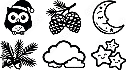 Cute owl wearing santa hat with pine cones pine branches smiling stars and crescent moon sleeping under clouds minimalist black line art icons