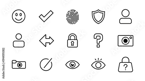 A collection of simple black and white line icons depicts various concepts like security identity communication and general objects high quality professional detailed modern elegant stylish