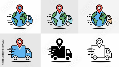 A set of delivery icons depicting a globe with a marker and a delivery truck shown in various colors and styles high quality professional detailed modern