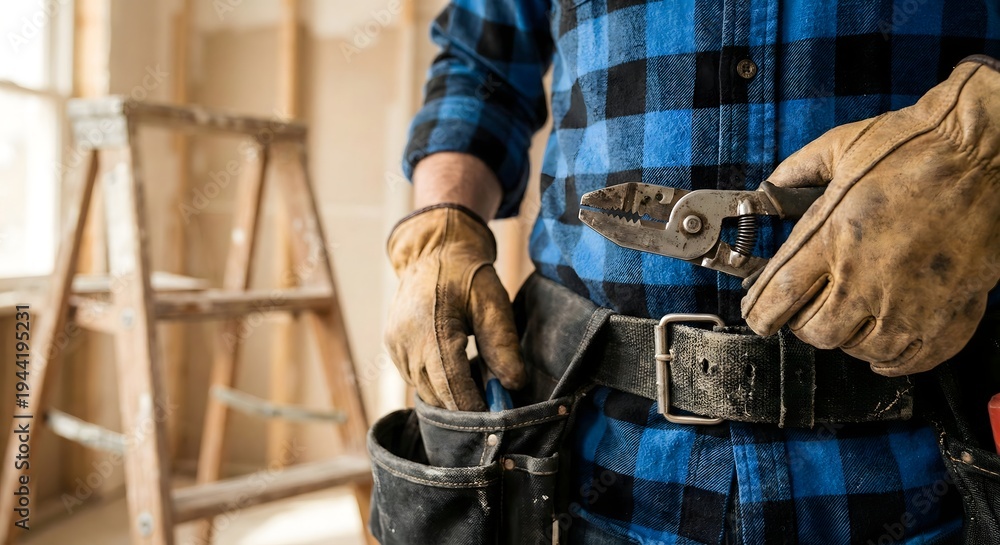 Obraz premium Close-up of a White adult male electrician in a flannel shirt using wire strippers, wearing a professional tool belt while standing near a ladder in a house under construction during the day.