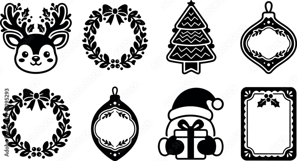 Obraz premium Black and white vector icons of cute reindeer face wreath garland christmas tree ornament santa claus with gift and decorative label designs