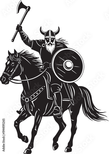 Illustration of a Viking warrior on horseback, wielding an axe and shield, ready for battle in a dynamic pose