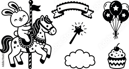 Cute bunny riding decorated carousel horse holding flag with balloons cupcake magic wand cloud and ribbon banner vector art