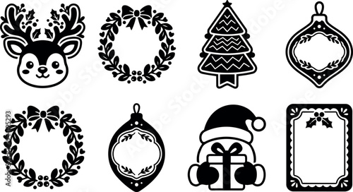 Black and white vector icons of cute reindeer face wreath garland christmas tree ornament santa claus with gift and decorative label designs