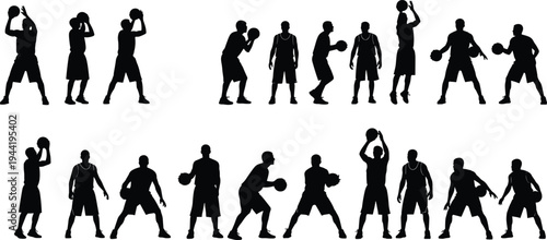 Silhouetted basketball players performing dynamic actions including dribbling, shooting, passing, and holding ball, sports lifestyle illustration concept for fitness