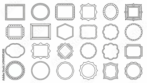 An assortment of empty decorative frames in various shapes and sizes are displayed on a plain white background ready for customization high quality professional detailed modern