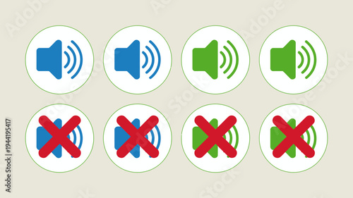 A set of eight circular icons depicts audio control options showing both active speaker symbols and muted or silenced indicators high quality professional detailed modern elegant